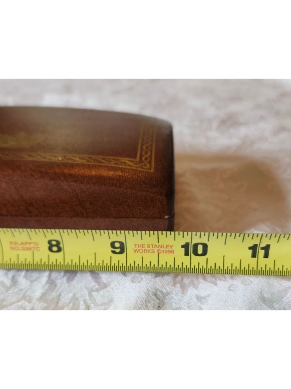 Vintage 1970s Shields Mens Brown Gold Crown Pattern Jewelry Box Clamshell Velour - Picture 7 of 9